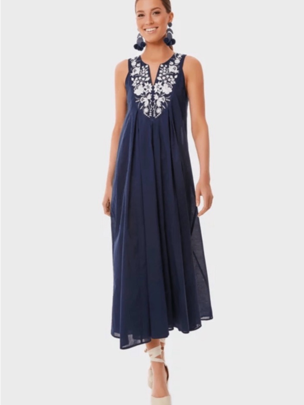 Tuckernuck Cypress Navy Sleeveless Maxi Dress with White Embroidery